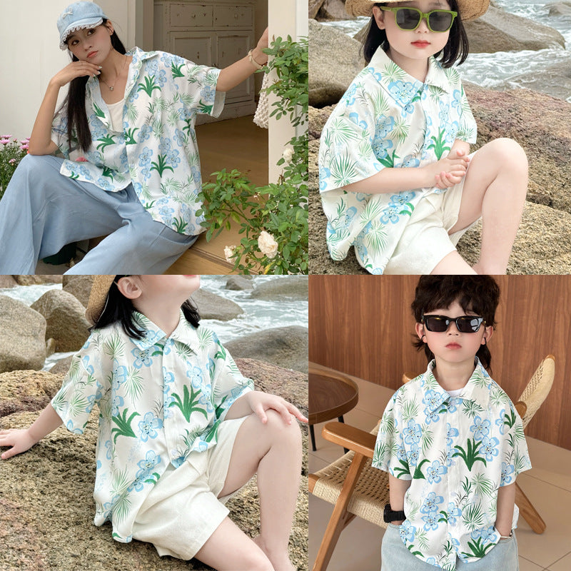 Children's Sleeve Shirt Suit Summer Flower Print Loose Design Niche Medium Parent-child Outfit