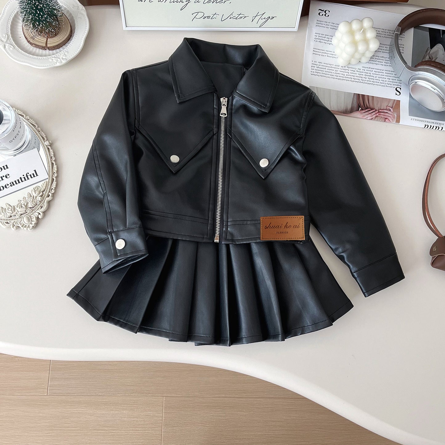 Children's Autumn Leather Little Korean Fashion Motorcycle Clothing Coat Pleated Skirt Children's Suit