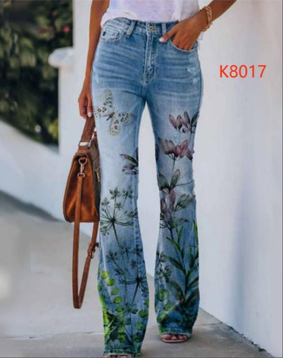Pretty Women's Large Printed Denim Thin Jeans