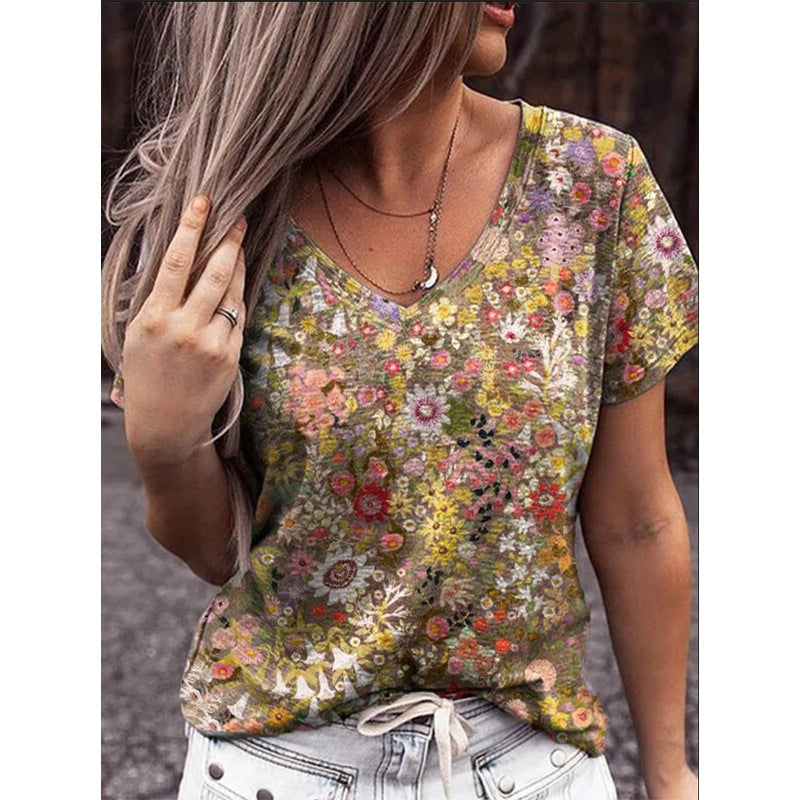 Women's Artistic Retro Style Printed Short-sleeved Loose Women's T-shirt