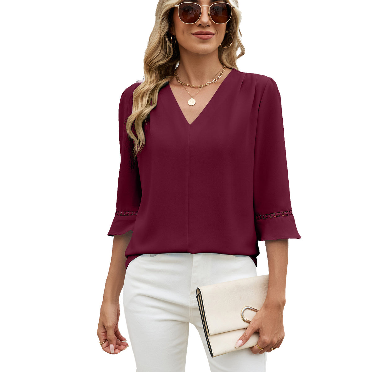 Graceful Women's Pleated Bell Sleeve Work Lace Shirt, Chiffon Shirt