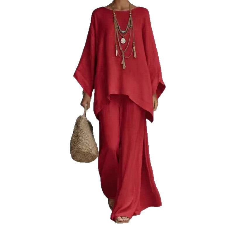 Women's Loose Linen Blended Solid Color Shirt Wide Fashion Casual Suit