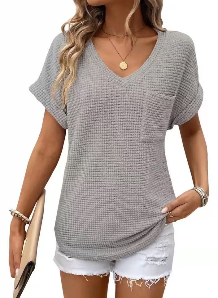 Women's Collar Summer Waffle Pocket Sleeve Women's T-shirt