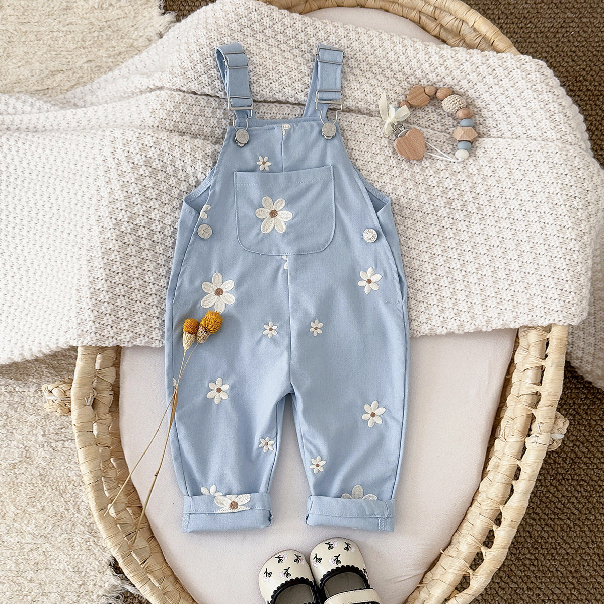 Jumpsuit Korean Style Fashion Suspender Flower Embroidered Casual Children's Pants