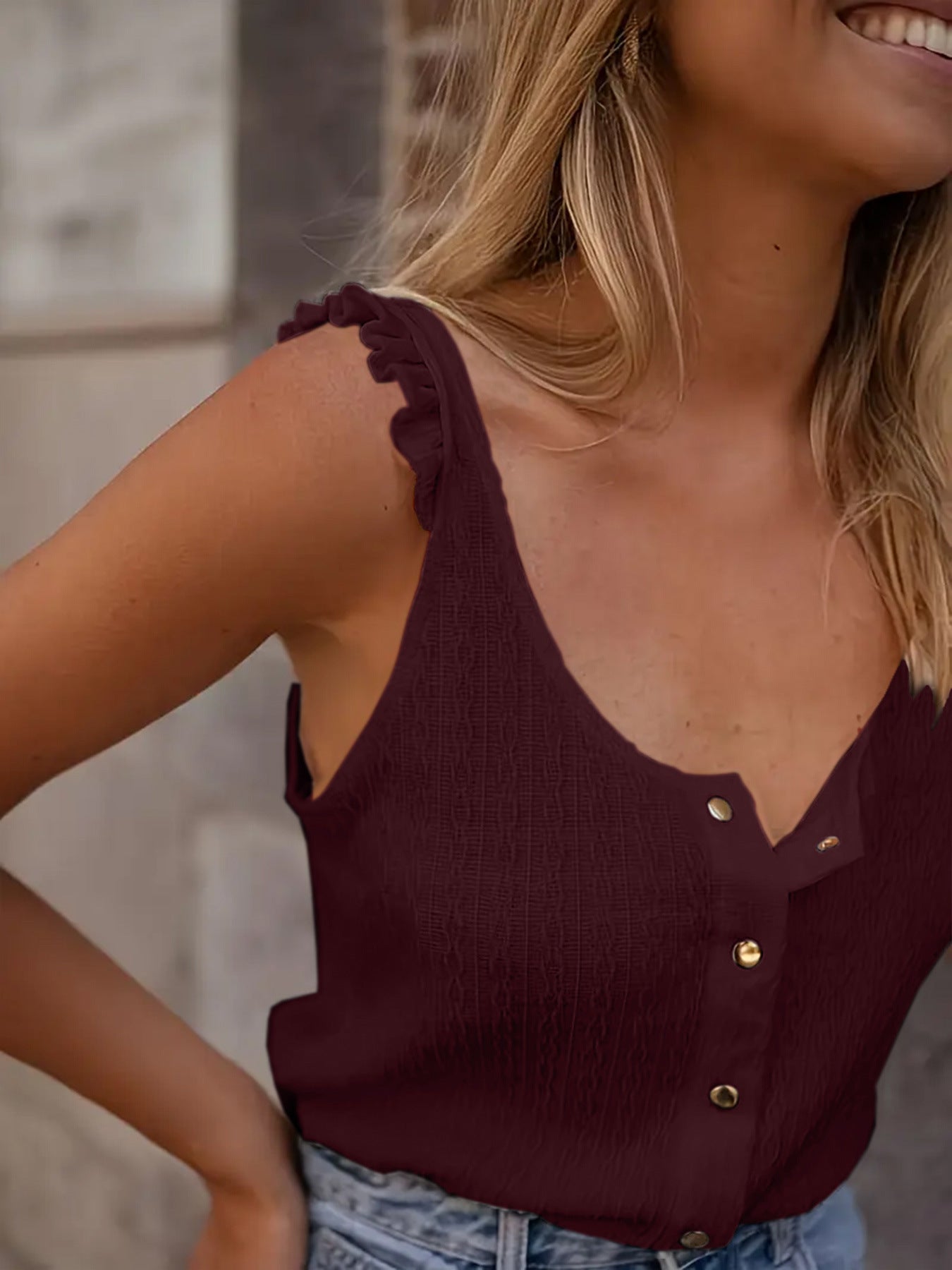 Women's Summer Knitted Solid Color Round Neck Ruffled Sleeveless Small Vest/suspenders/tube Top