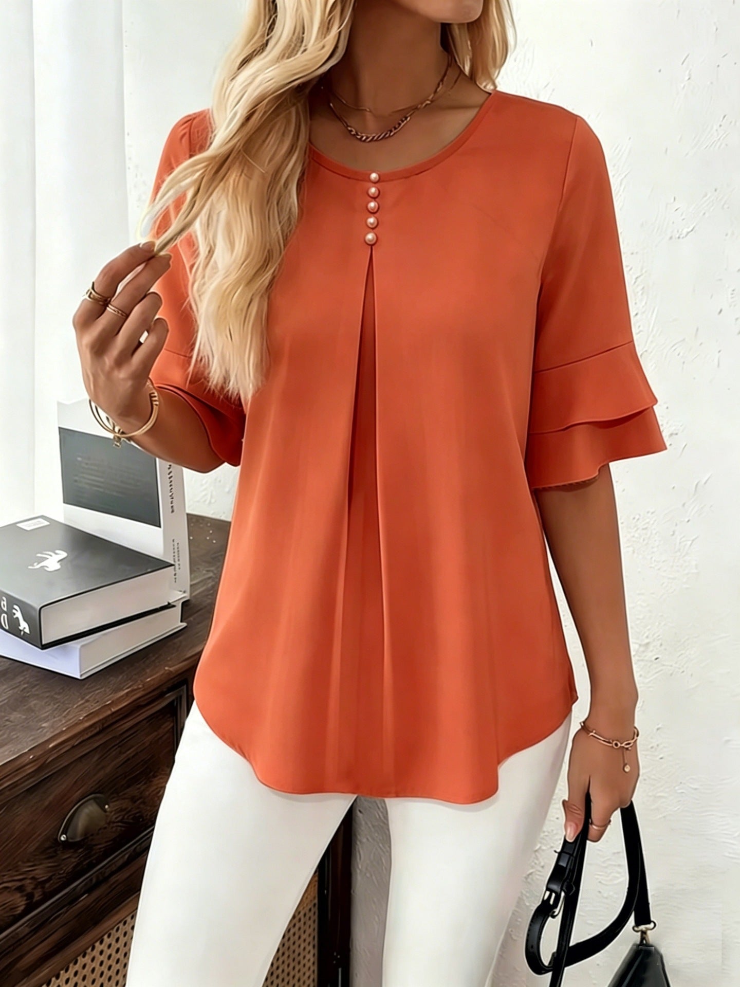 Women's Casual Comfortable Loose Slimming Double Layer Ruffled Blouse