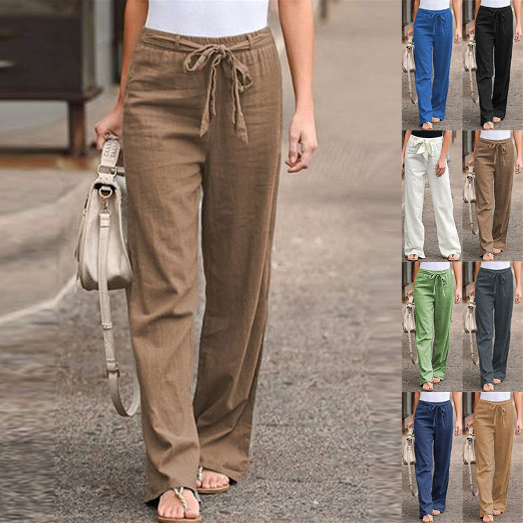 Women's Summer Elastic Waist Solid Color Cotton Linen Belt Wide Pants