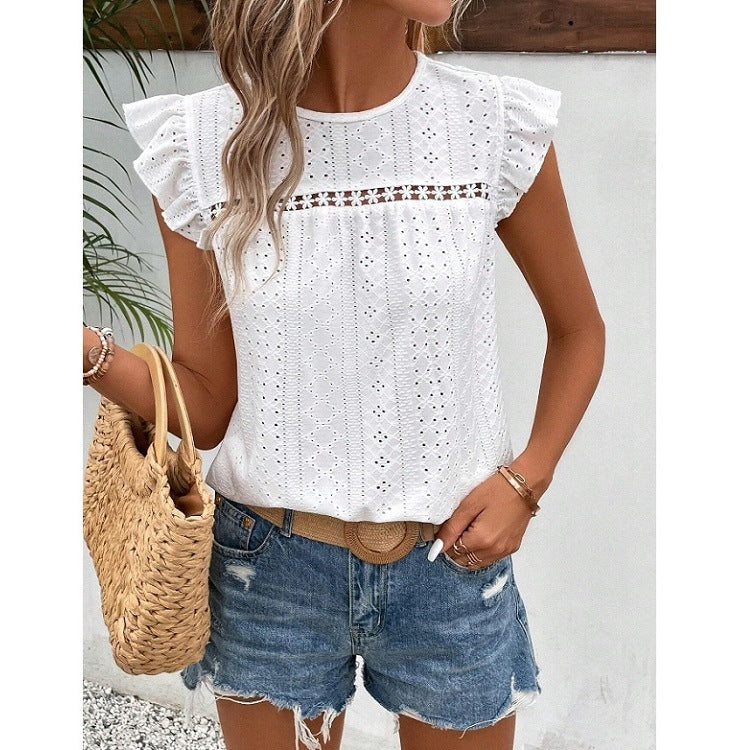 Women's Summer Round Neck Lace Solid Color Women's T-shirt