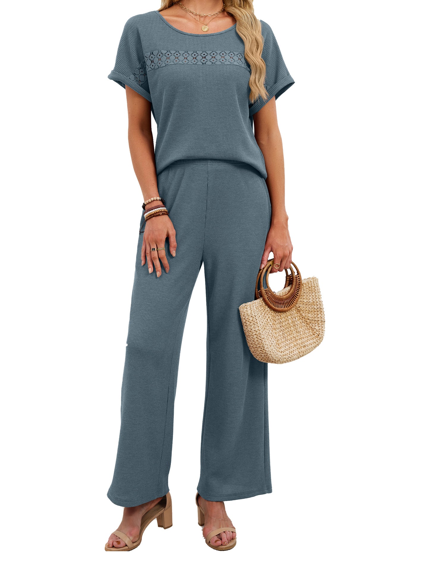 Women's Solid Color Round Neck Lace Ruffled Sleeves Fashion Casual Suit