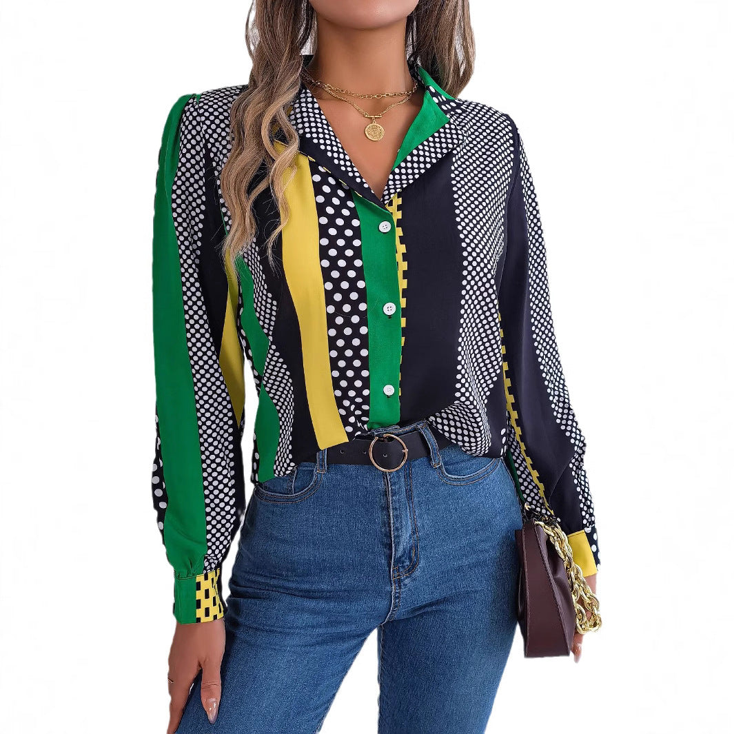 Women's Clearance Commuting Elegant Contrast Color Polka Lace Shirt, Chiffon Shirt