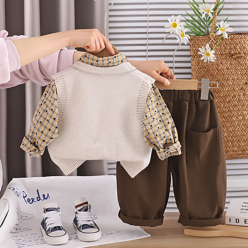 Handsome Little Boy Sweater Vest Three-piece Children's Suit