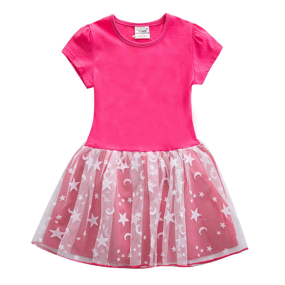 Children's Summer Short-sleeved Solid Color Tulle Little Children's Dress