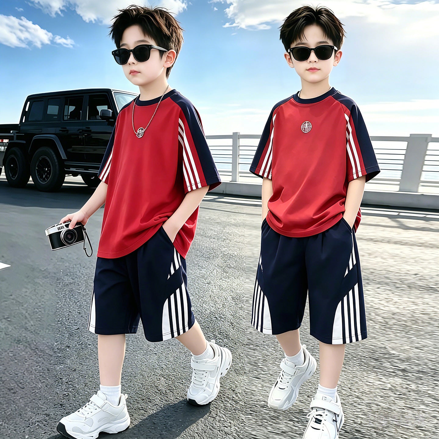 Children's Medium Big Loose Short Sleeve Two-piece Children's Suit
