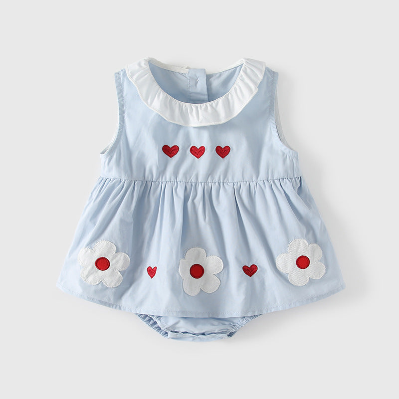 Summer Love Heart Flowers Embroidered Thin Lace Collar Children's Dress