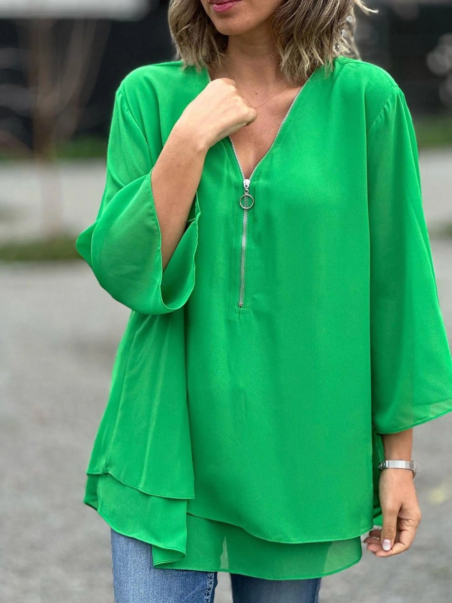 Classy Sleeves Casual Metal Zipper Loose Lace Shirt, Chiffon Shirt
