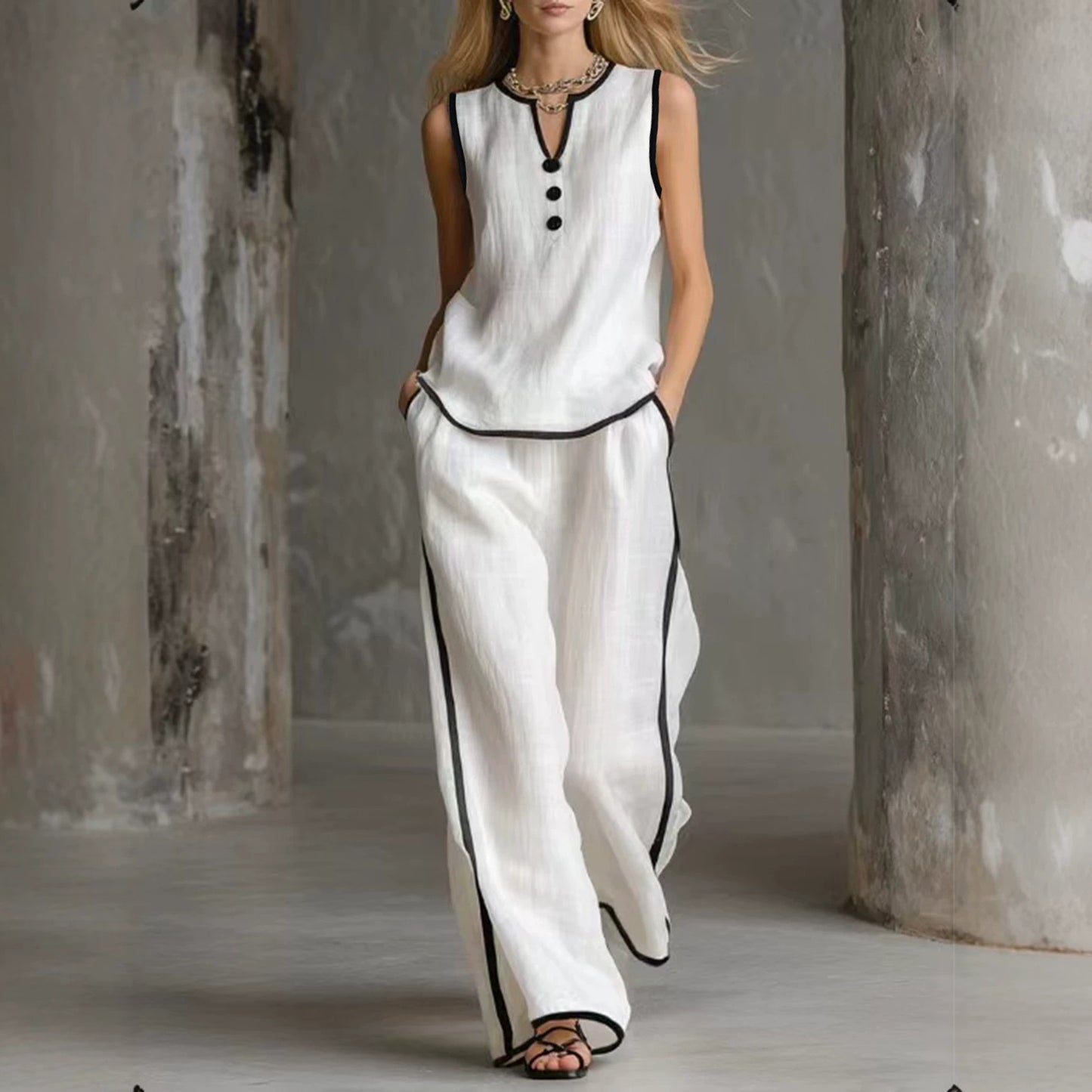 Color Trim Sleeveless Wide Leg Two-piece Pants