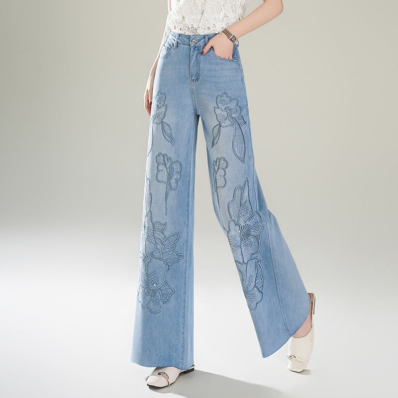 Embroidered Hot Fix Rhinestone Personalized Lengthened Mop Casual Pants
