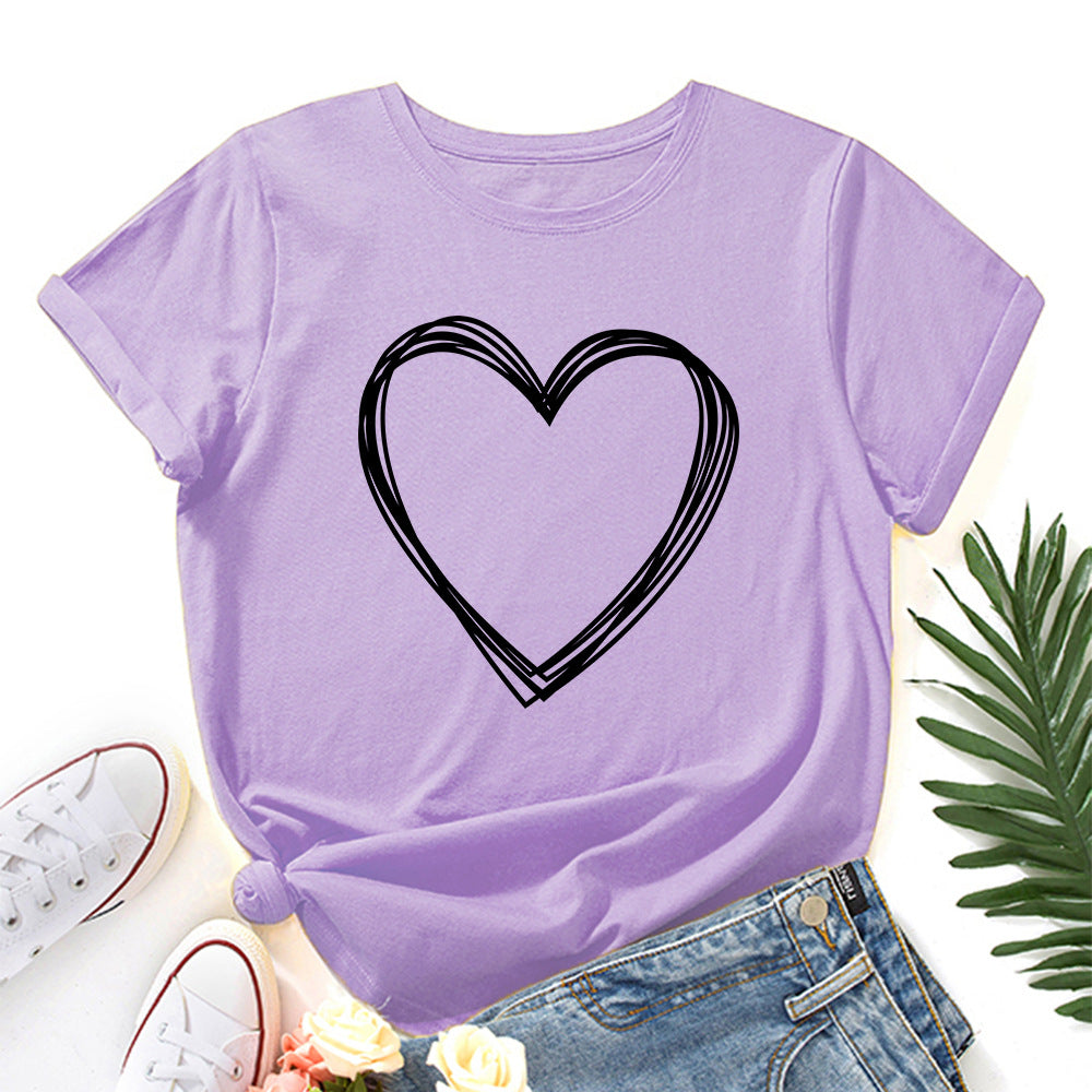 Women's Creative Heart Printed Loose Round Neck Women's T-shirt