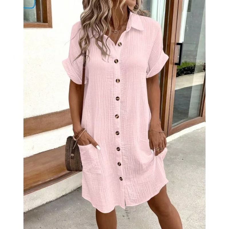 Women's Cotton Linen Breasted Mid-length Sleeve Loose Shirt Shorts