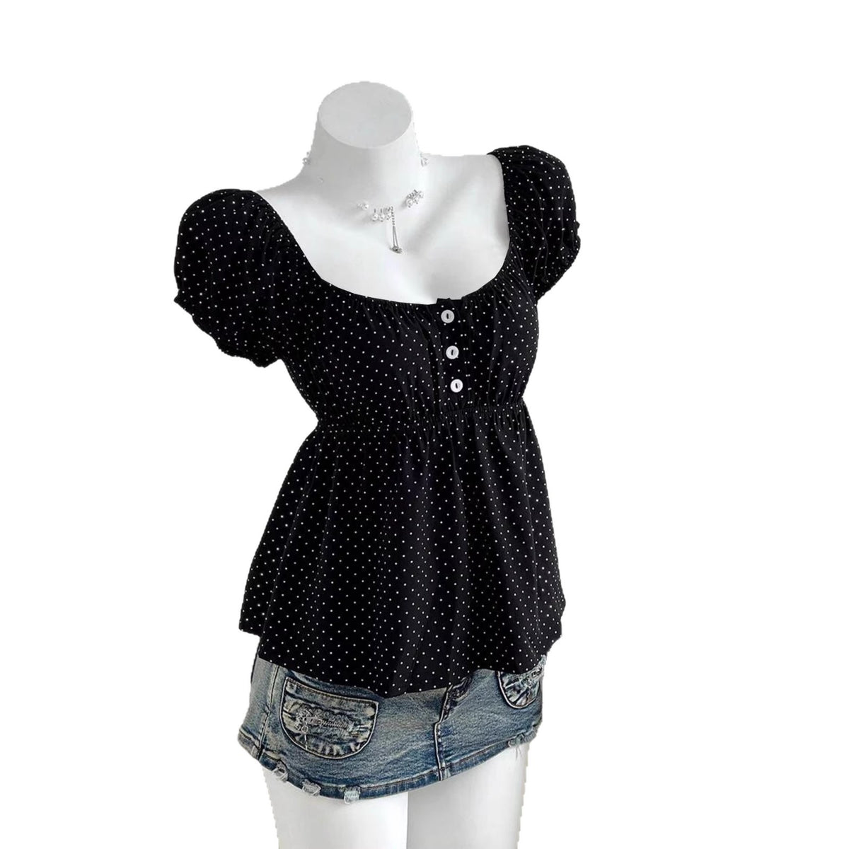 Women's Polka Dot Puff Sleeve French Cinched Lace Shirt, Chiffon Shirt