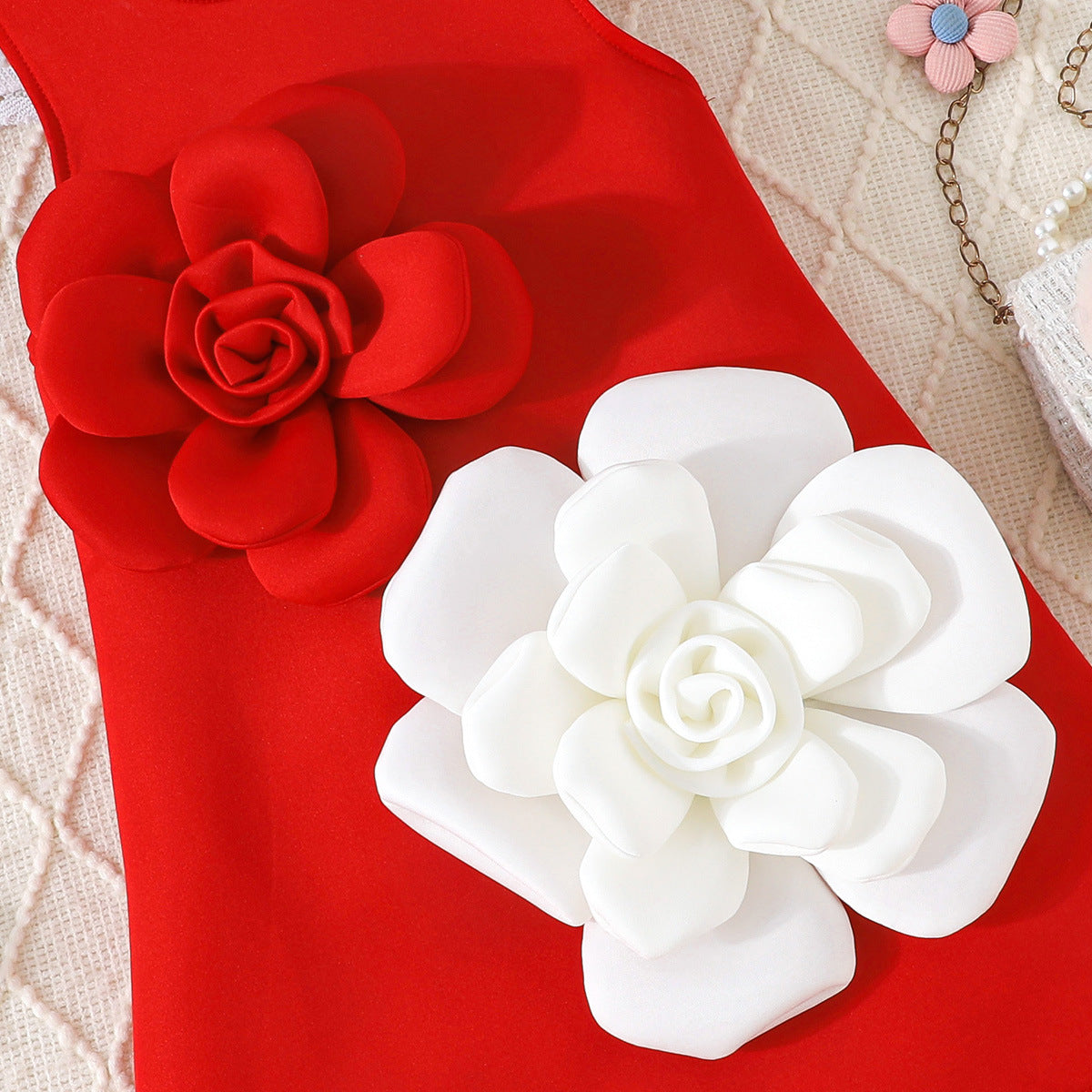Light Luxury Three-dimensional Red White Flower Vest Children's Dress
