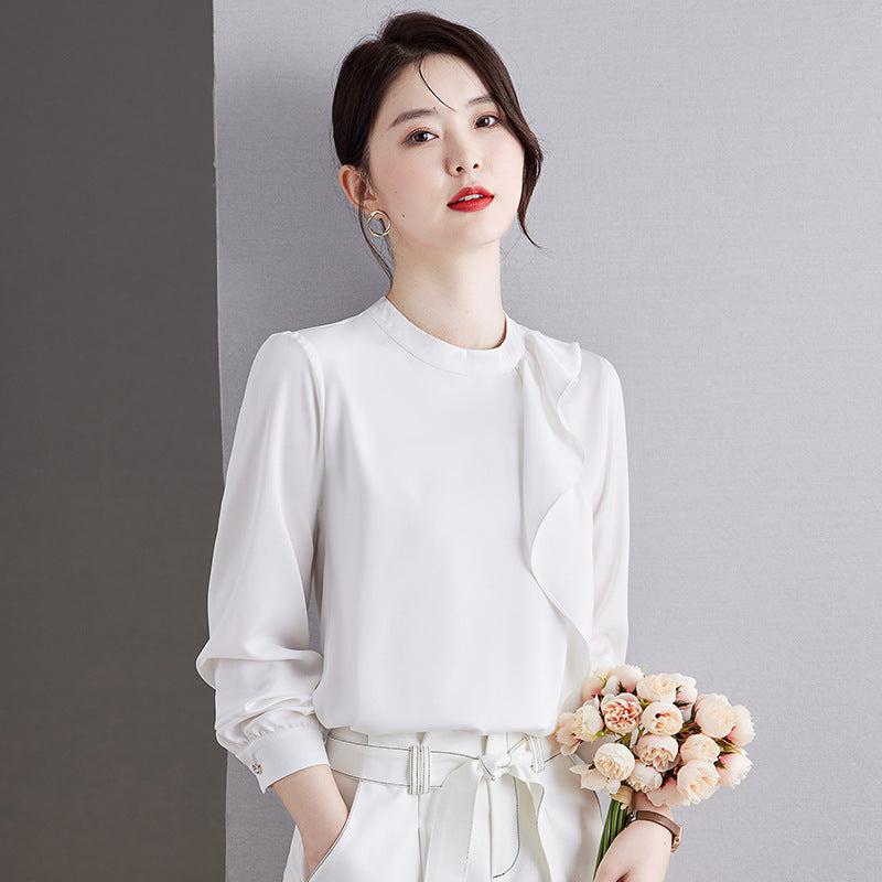 Women's Chic Ruffled Satin Shirt French Style Business Commuter Tops