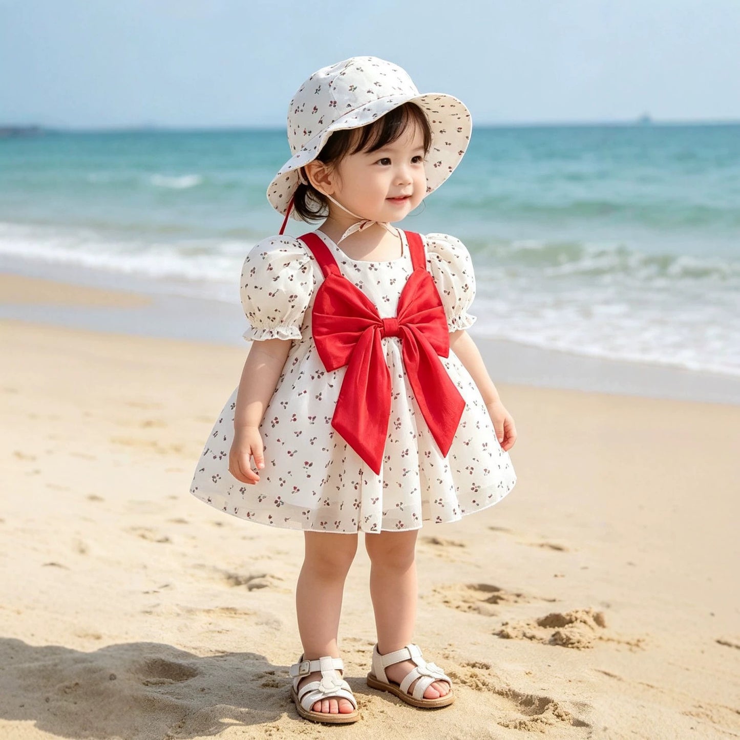 Cherry Princess Puff Sleeve Bow With Sun Children's Dress