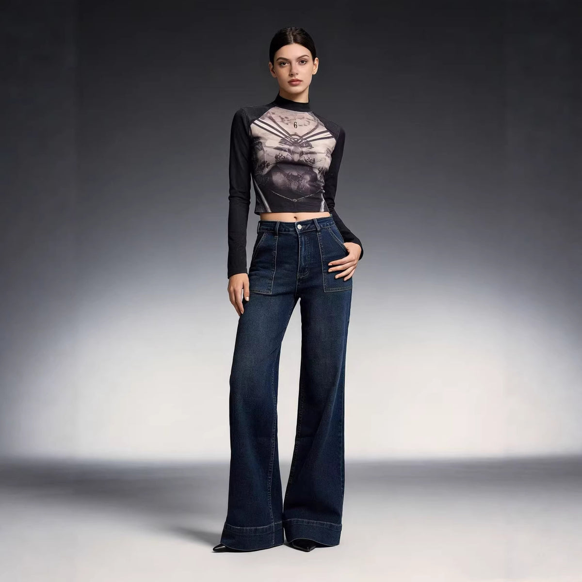 Women's Waist Wide Leg Leisure Loose Washed-out Jeans