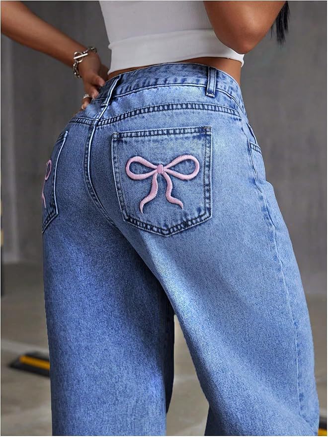 Women's Embroidered High Waist Straight Loose Trousers Women's Jeans