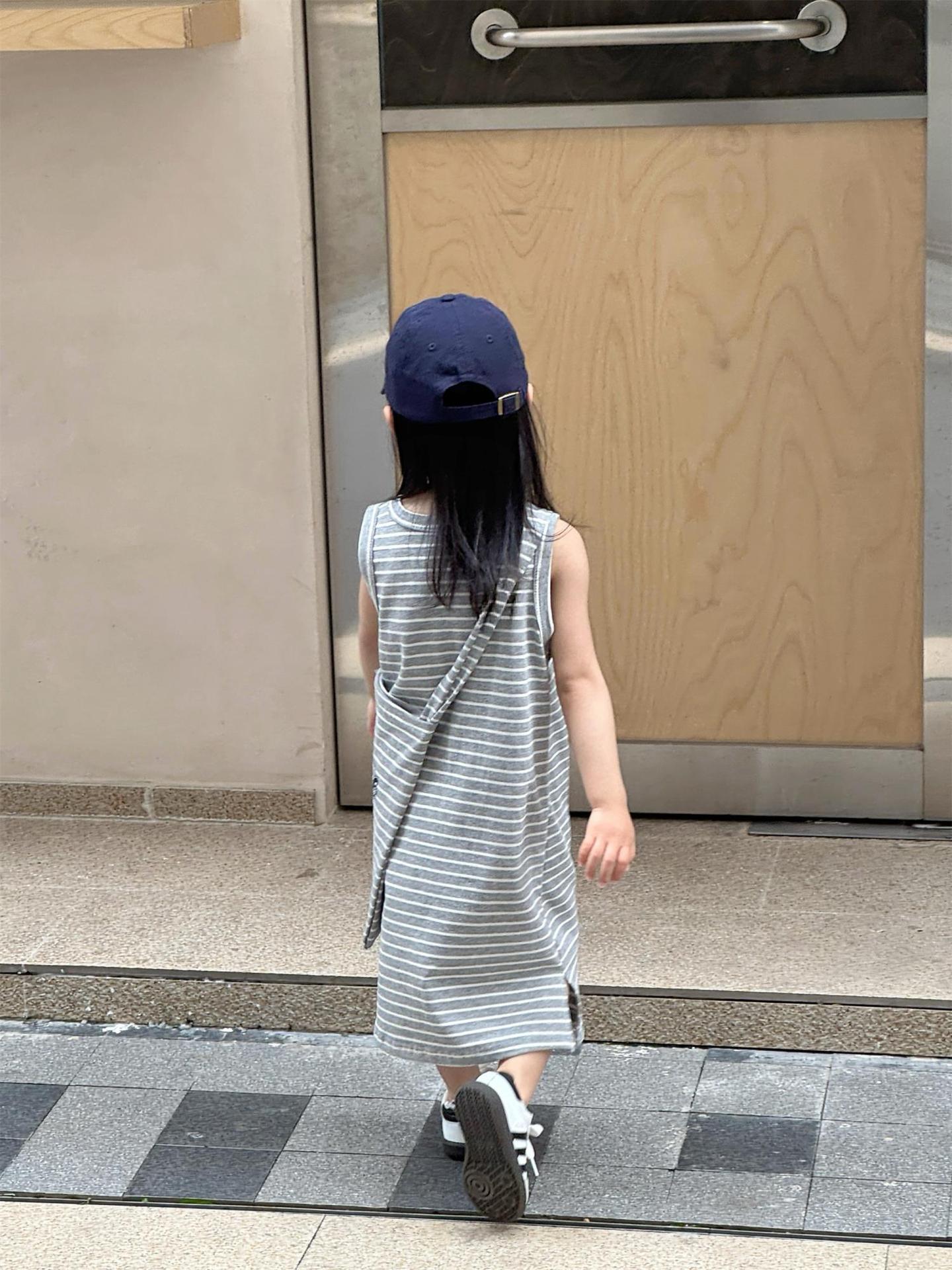 Casual Gray Striped With Bag Slit Hemline At Hem Long Children's Dress