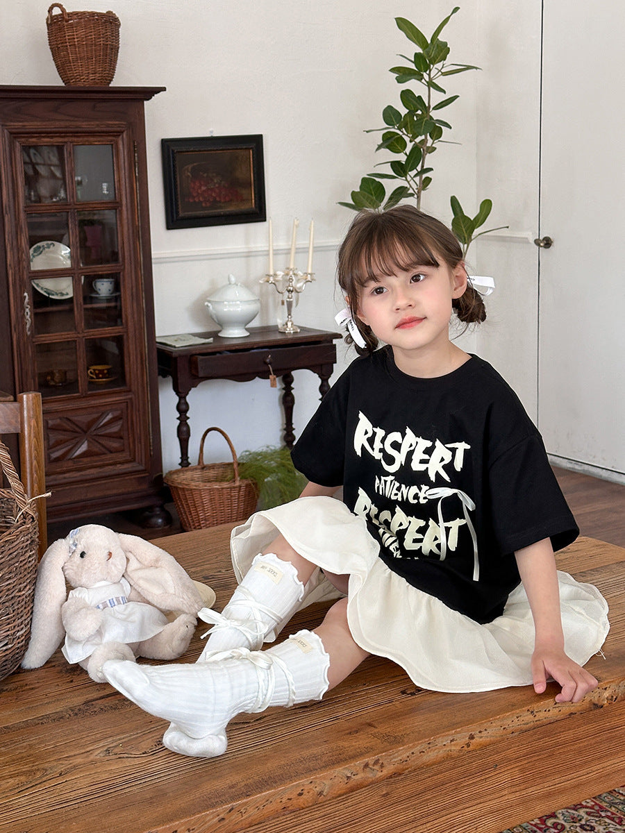 Fashionable T-shirt Bow Short-sleeved Letter Fake Children's Dress
