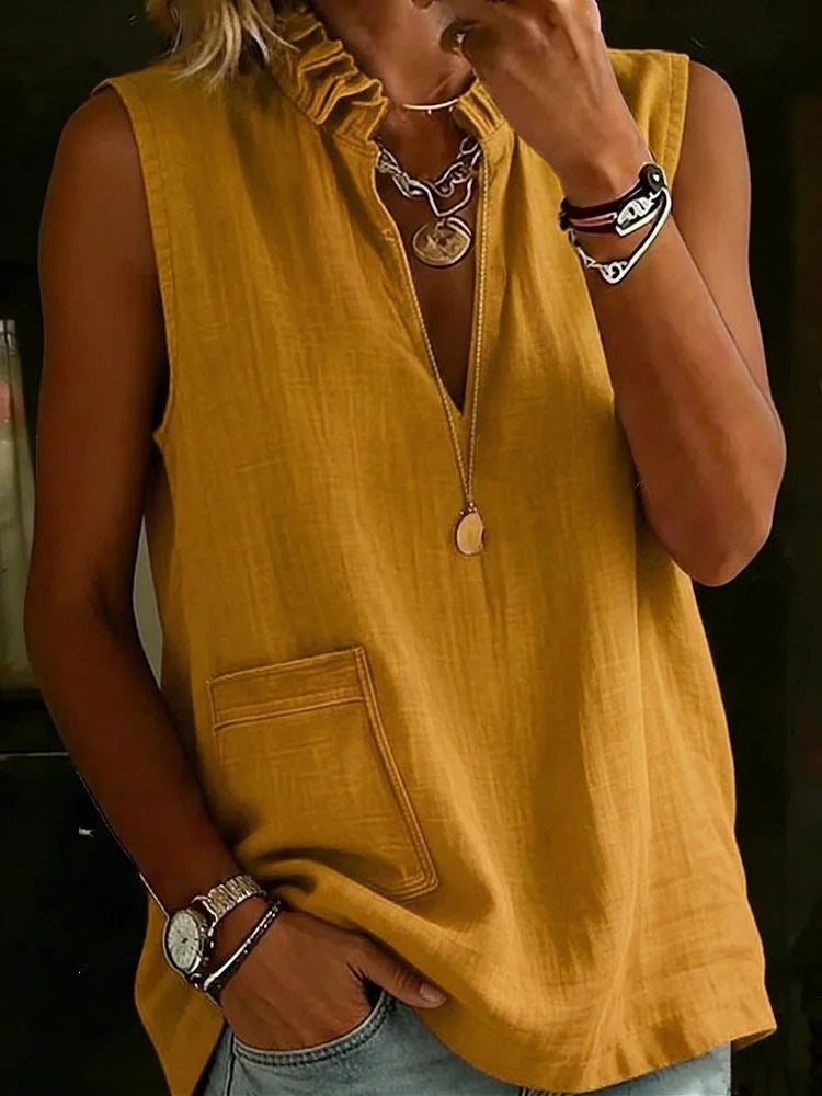 Elegant Stand Collar Ruffle Cotton Linen Shirt Summer Sleeveless Blouse