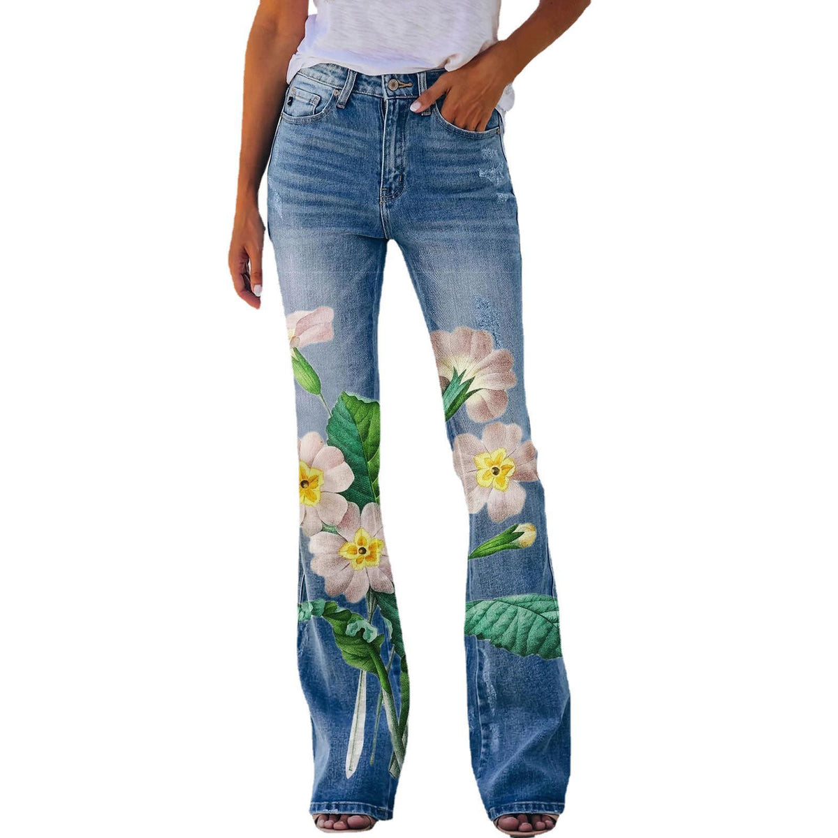 Women's Large Casual Imitation Denim Bell-bottom Floral Pants