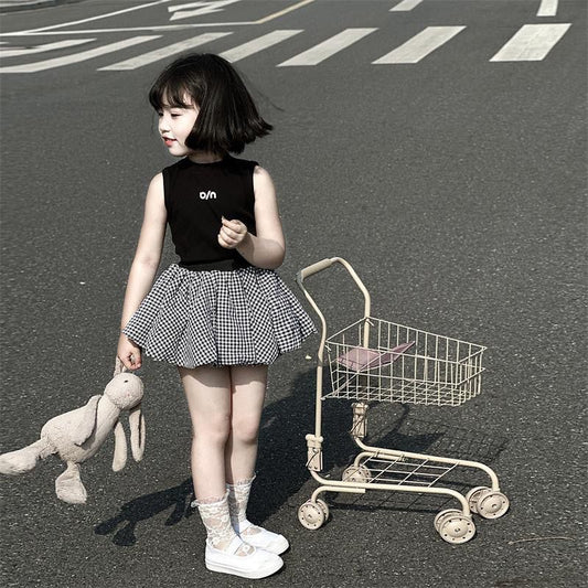 Children's Summer Letters Vest Plaid Cloud Bud Skirt Pants Two-piece Children's Suit