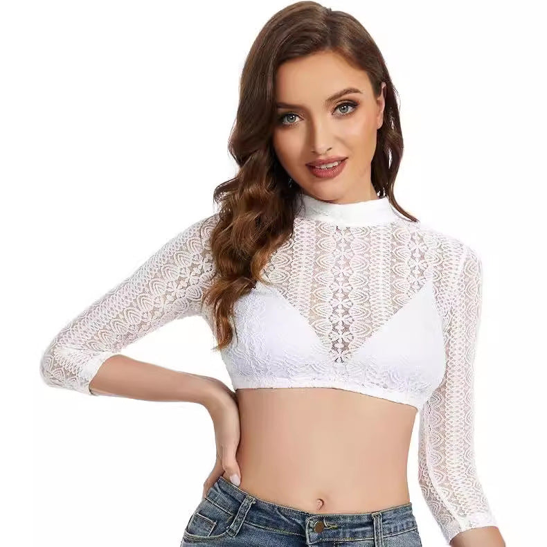 Women's Long-sleeved Pullover White High Collar Beer Lace Shirt, Chiffon Shirt