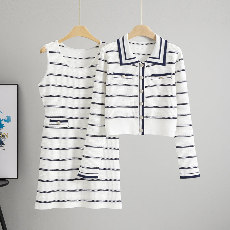 Women's Long Sleeve Striped Dress Two-piece Set Wool Fashion Casual Suit