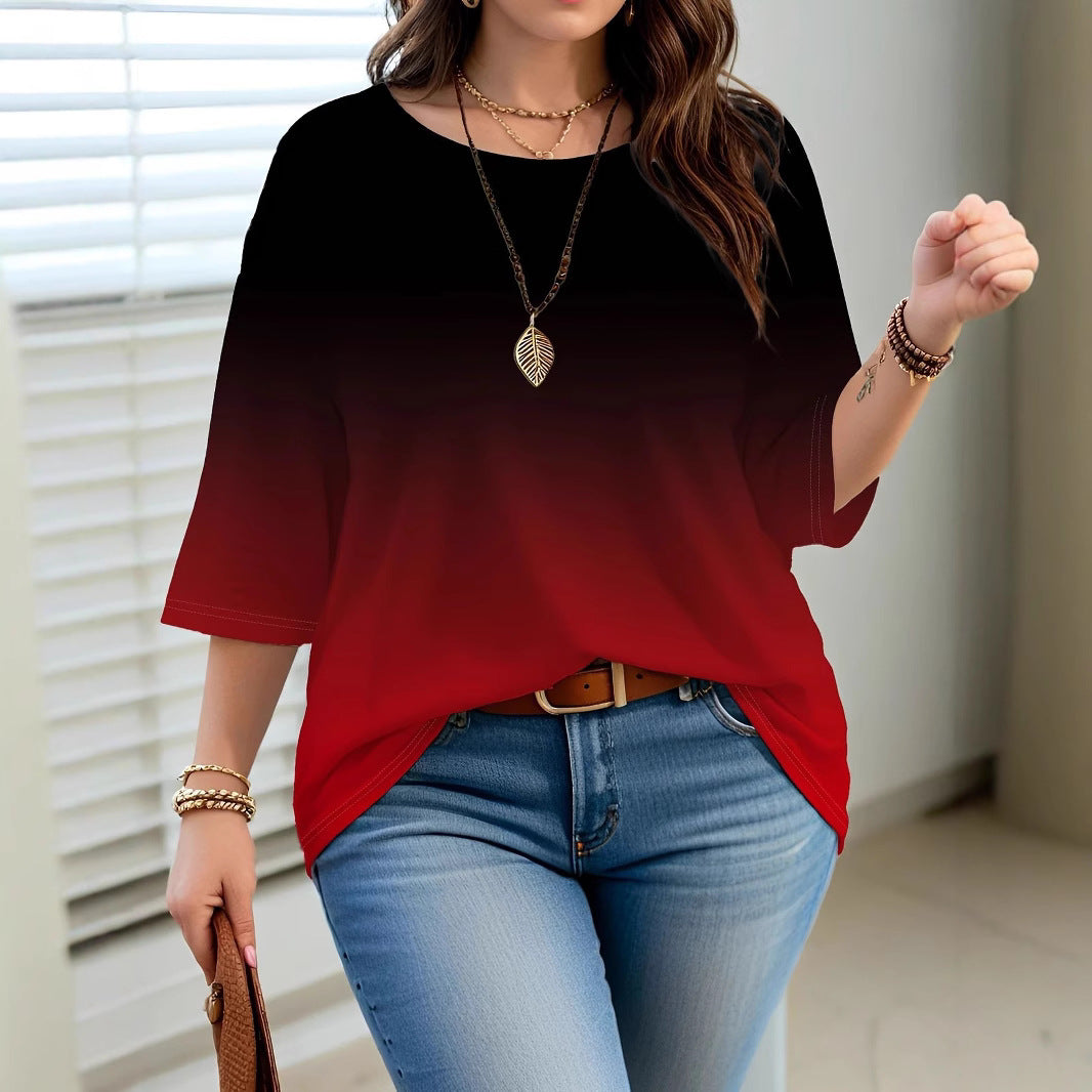 Women's Printed Fashion Gradient Color Sleeve Casual Round Tops