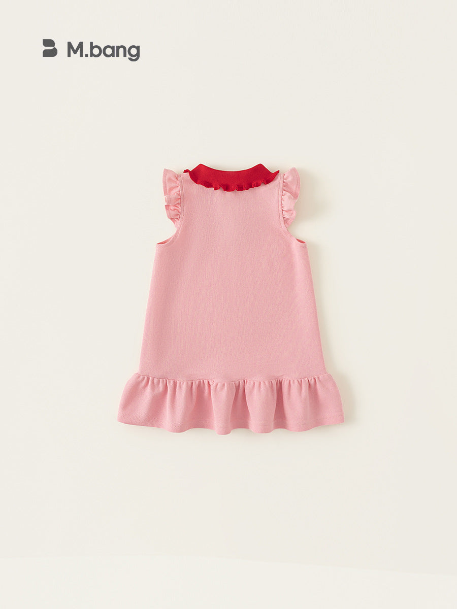 Summer Contrast Color Lapels Vest Strawberry Lace Sleeve Children's Dress