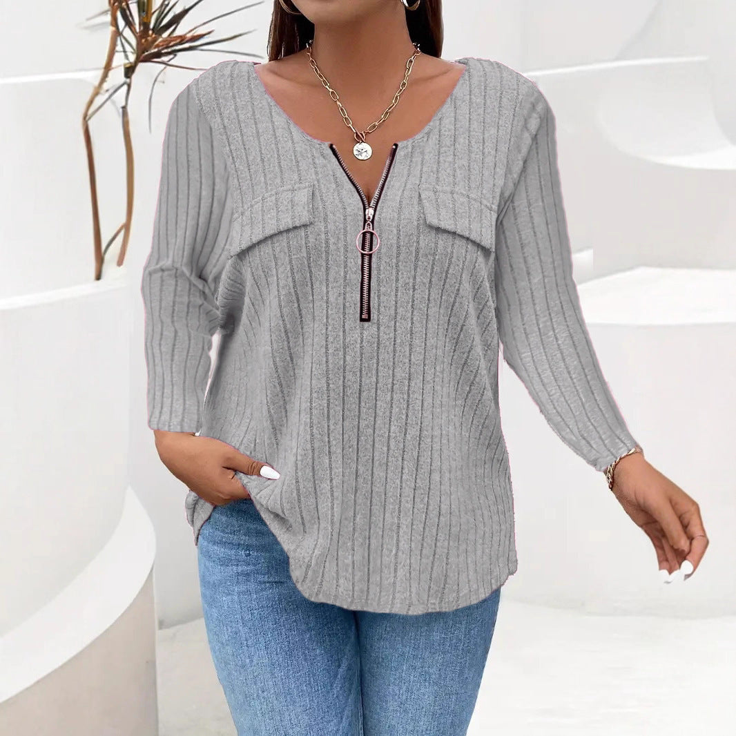Women's Sunken Stripe Casual Solid Color Long Large Size T-shirt