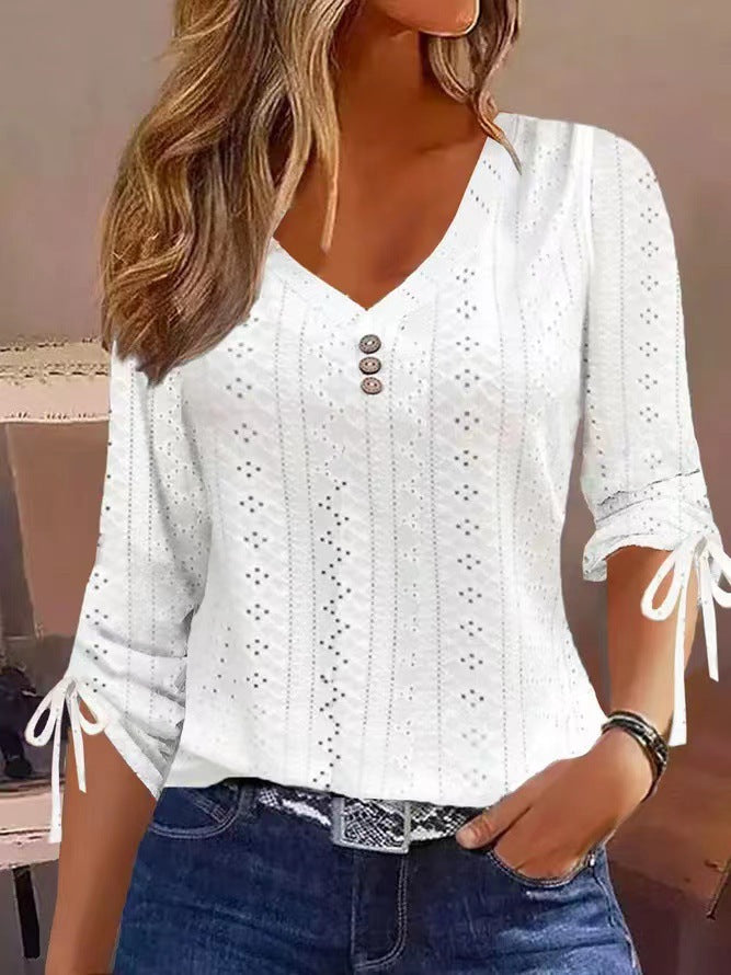 Innovative Solid Color Jacquard Button Long-sleeved Women's T-shirt