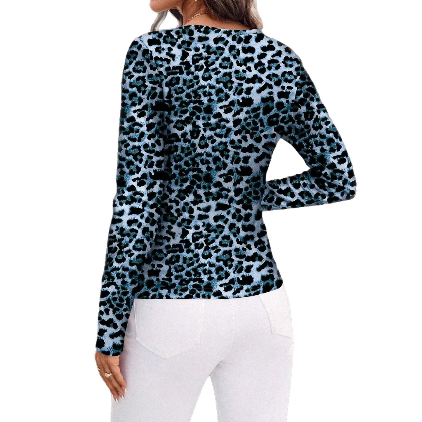 Women's Leopard Print Button Sexy Slim Fit Women's T-shirt
