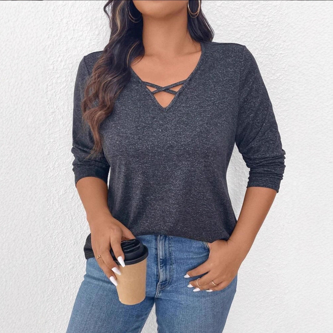 Women's Cross Long Sleeve Cotton Solid Color Casual Large Size T-shirt