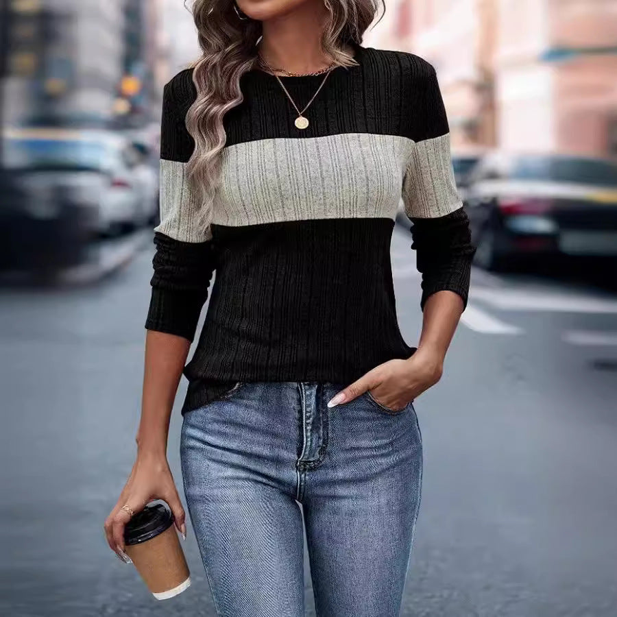Autumn Color Contrast Patchwork Round Neck Long Women's T-shirt