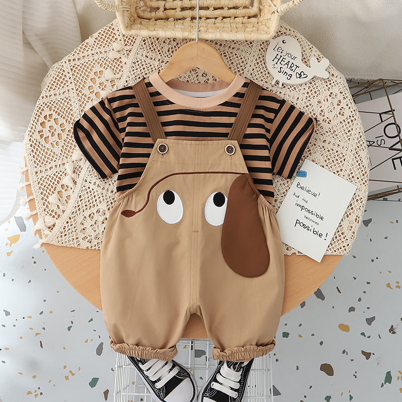 Set Korean Cartoon Striped Overall Short-sleeved Shorts Children's Suit