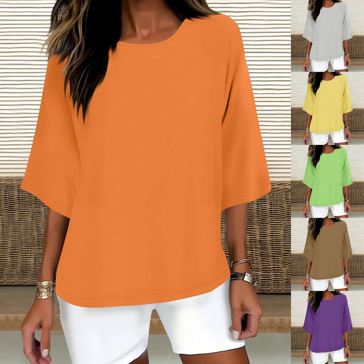 Women's Three-quarter Sleeve Round Neck Cotton Linen Blouse