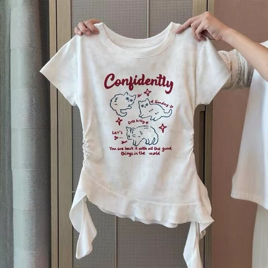 Middle Big Cat Printing Short-sleeved Summer Irregular Ruffle Top Children's T-shirt