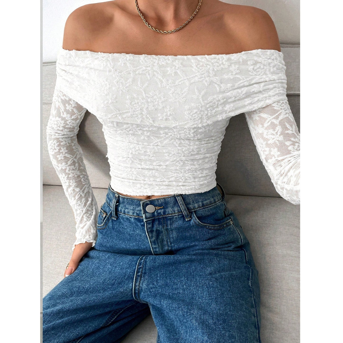 Women's Flower Long Sleeve Backless Versatile Slimming Lace Shirt, Chiffon Shirt