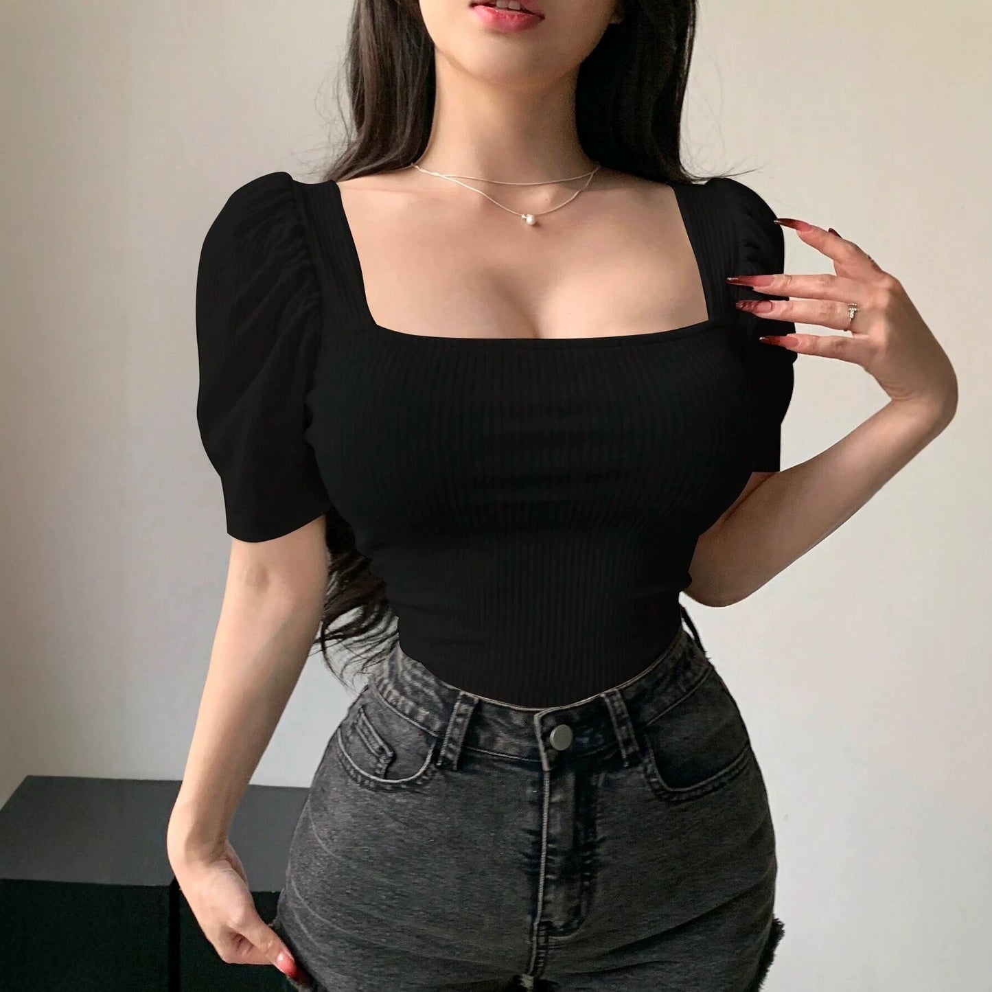 Women's Pure Desire Style Square Collar Puff Sleeve Shirt Summer Hot Shorts