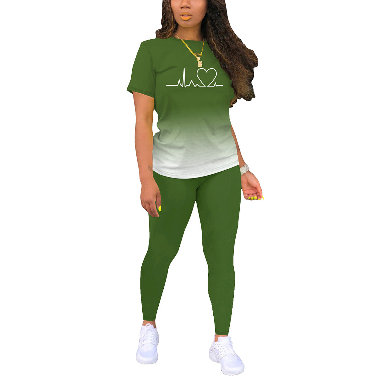 Women's Solid Color Gradient Printing Round Neck Sleeve T-shirt Fashion Casual Suit