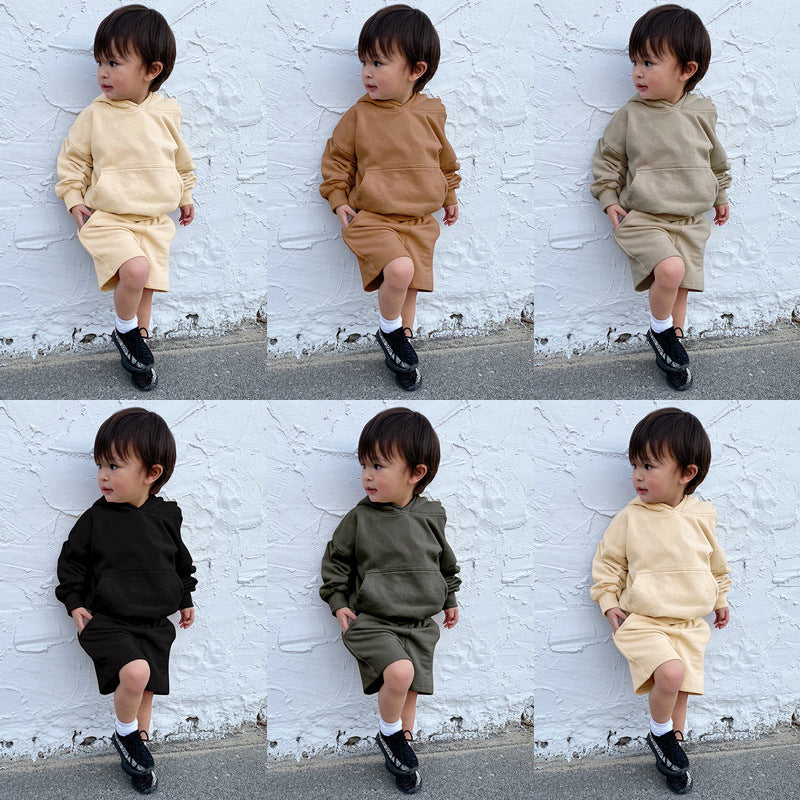 Children's Long-sleeved Sweater Shorts Two-piece Set Solid Color Boys Thickening Exercise Children's Suit